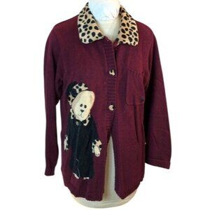 Vintage Boyd's Burgundy Button Front Sweater Bear Appliques Leopard Print Collar